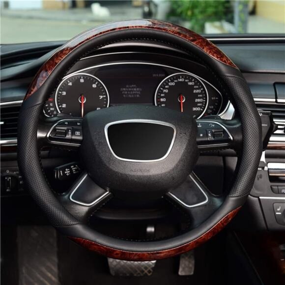 Wood Grain Steering Wheel Cover, Universal 15 inch, Microfiber Leather,Anti-Slip - Picture 2 of 5